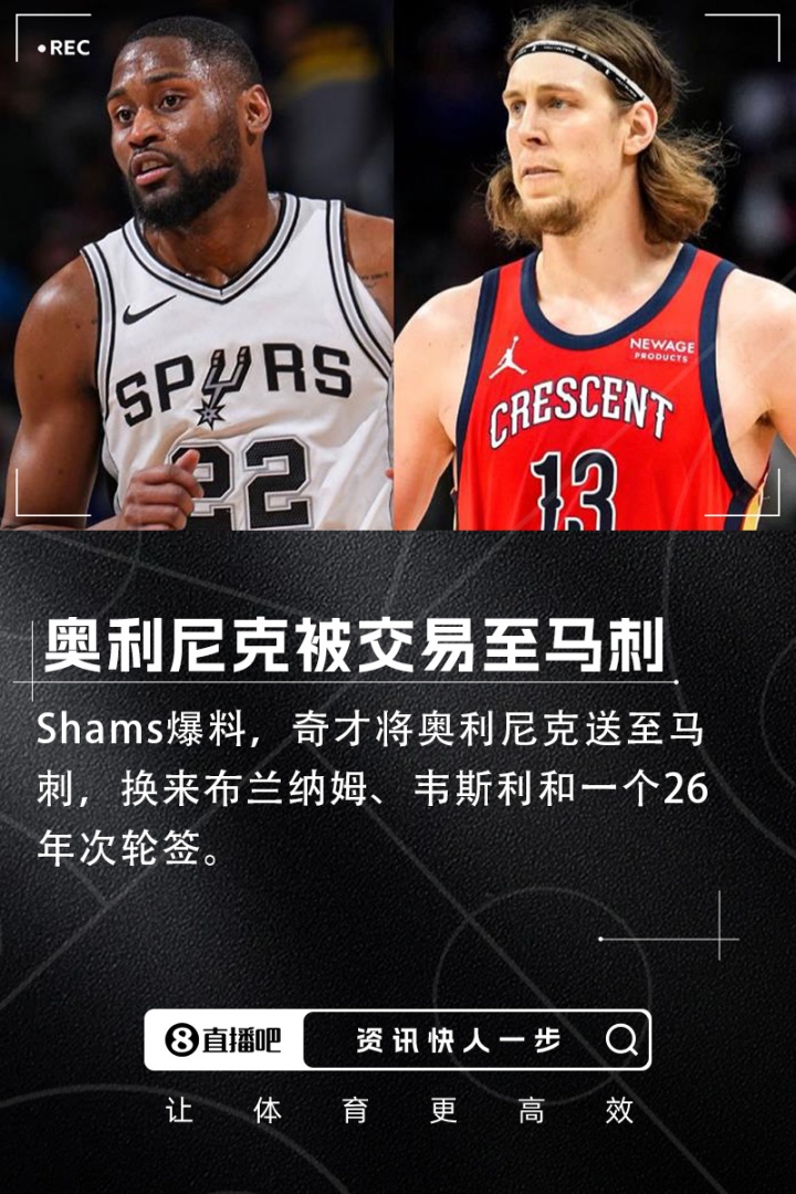Shams:奥利尼克被交易至马刺 奇才得到布兰纳姆+韦斯利+26年次轮