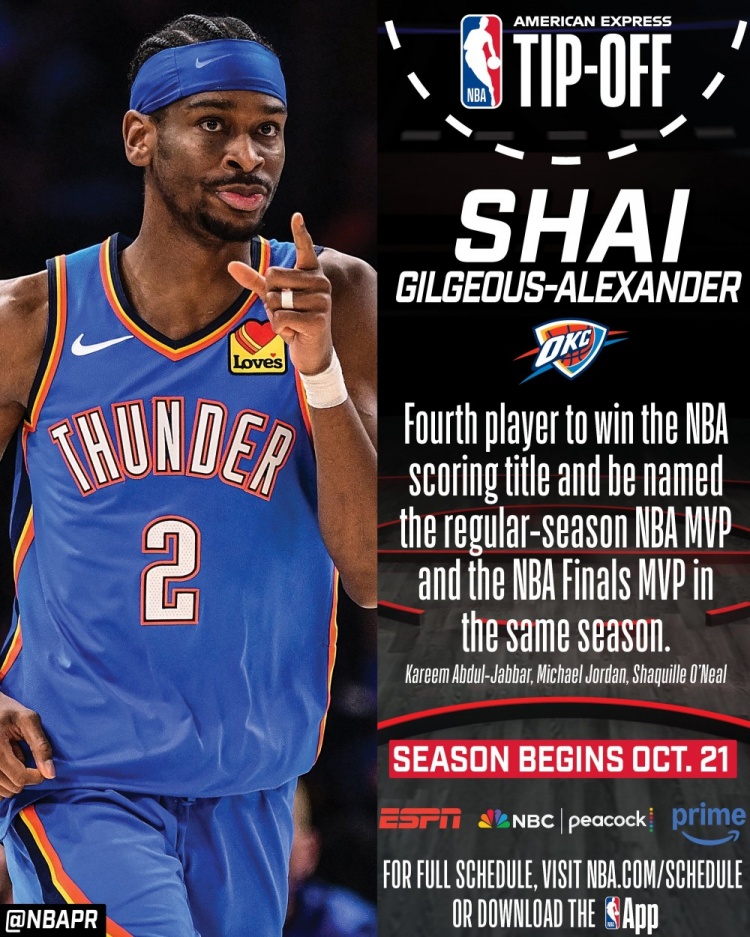 得分+双料MVP+总冠军!NBA官推晒亚历山大上赛季成就 预热揭幕战
