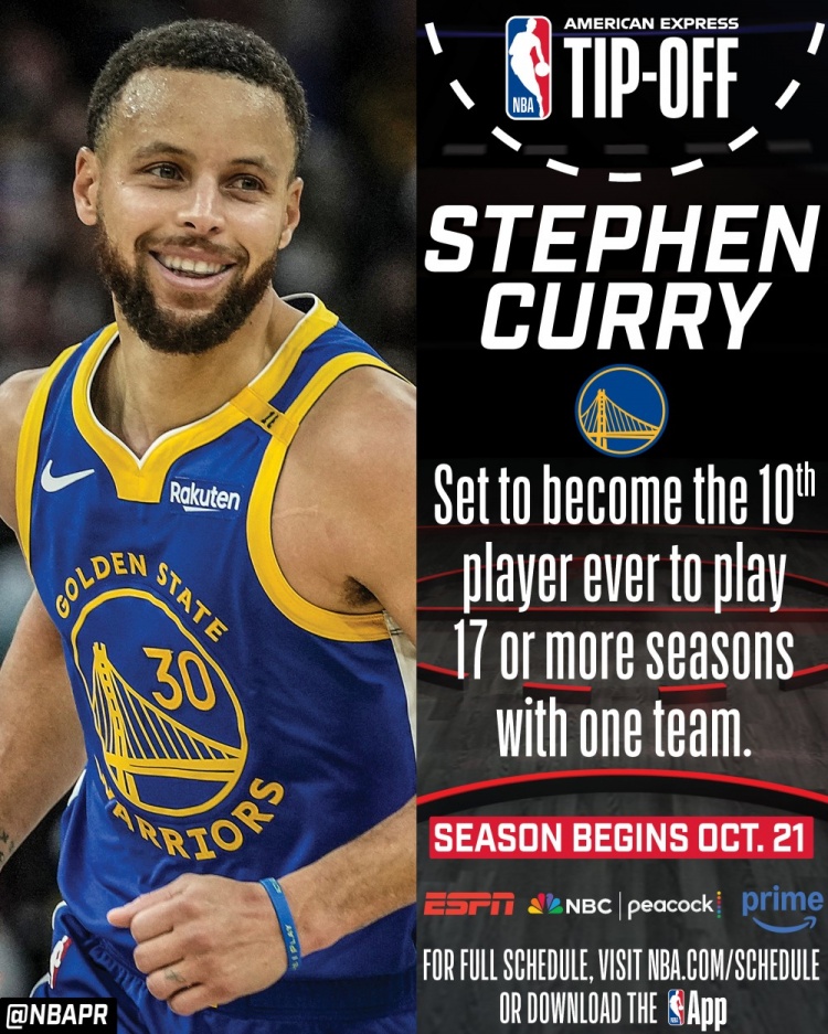 NBA官推预热揭幕战:库里是历史第10位为同一支队效力17年的球员